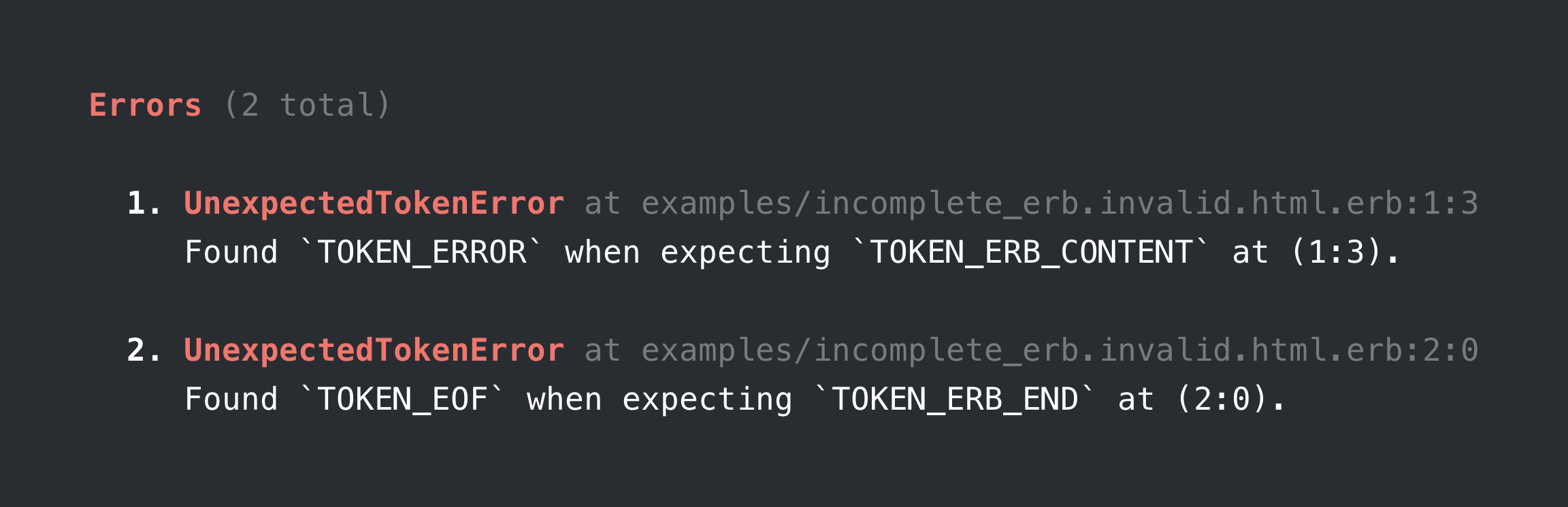 Parse error summary showing list of errors found in template